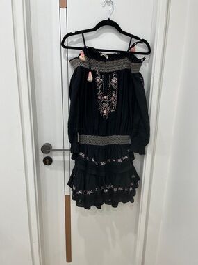 LoveShackFancy Black Off-Shoulder Dress with Pink Embroidery